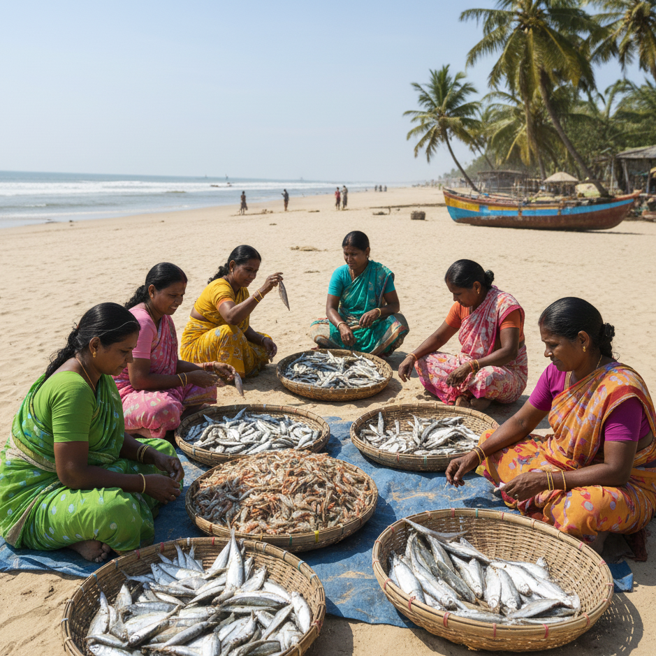 Group of women sorting fish on a beach with palm trees and a boat in the background.