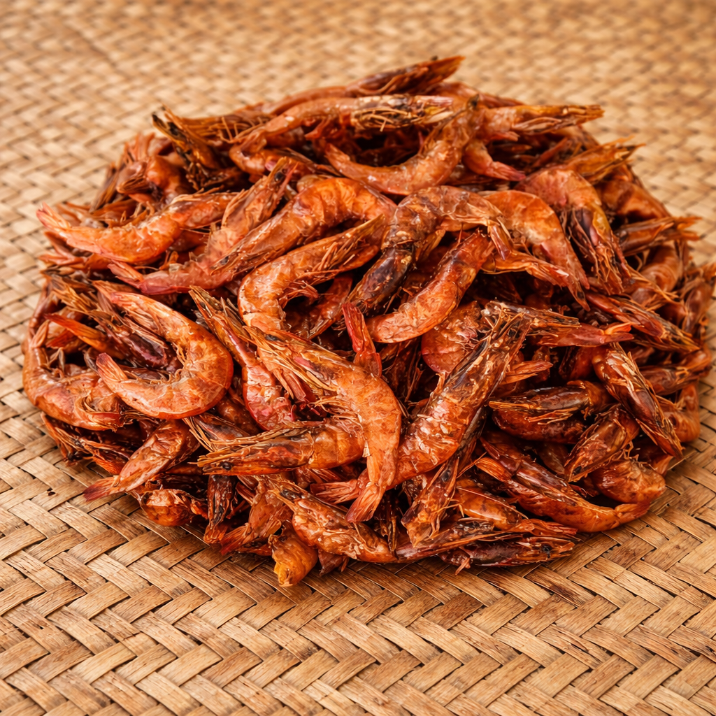 Dried shrimp on a woven mat